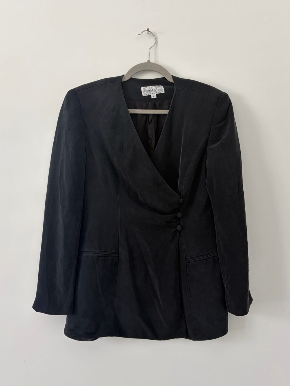 Vintage Saks Fifth Avenue Folio Black Silk Asymmetrical Button 90s Jacket 8